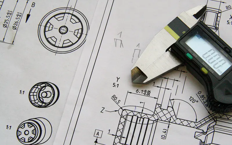 Digital caliper resting on a dimensioned technical drawing of a machined part